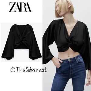 NWOT- Zara Satin Black Knot-Front Long Sleeve Crop Blouse Side Zipper Size L